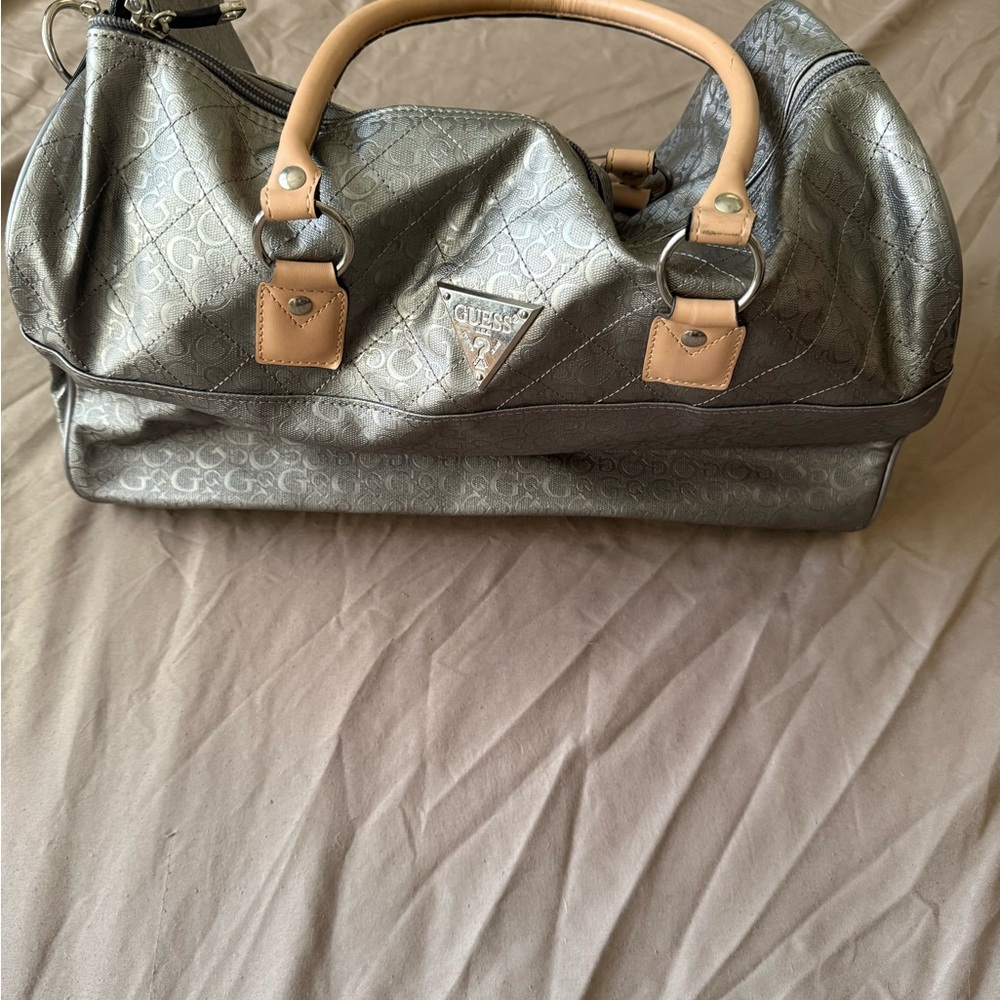 GUESS Metallic Silver Satchel with Tan Accents